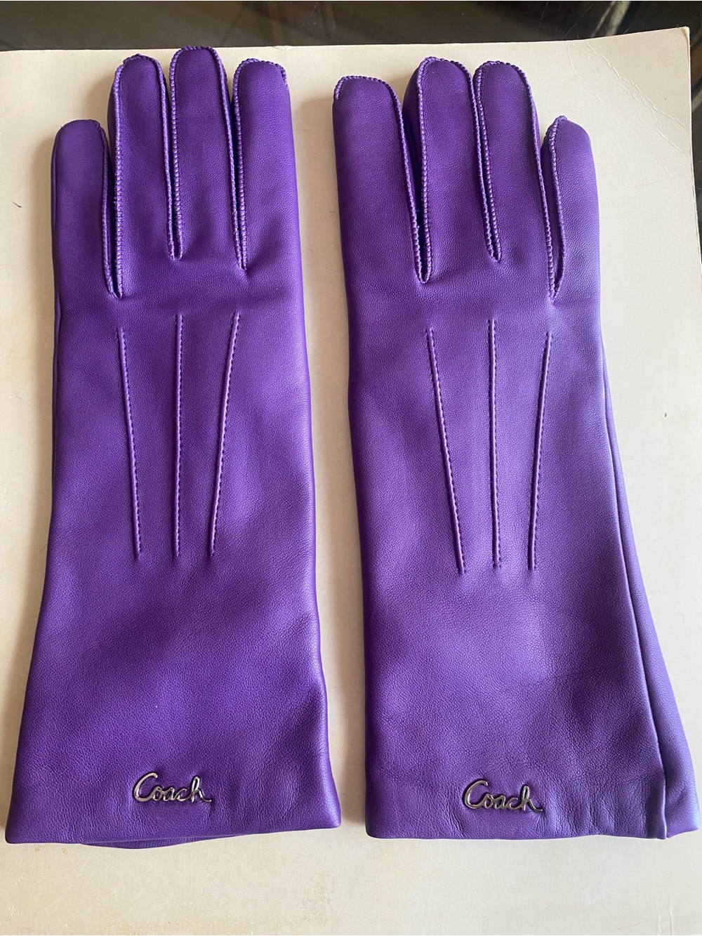 Coach Purple Leather Long Gloves with Logo